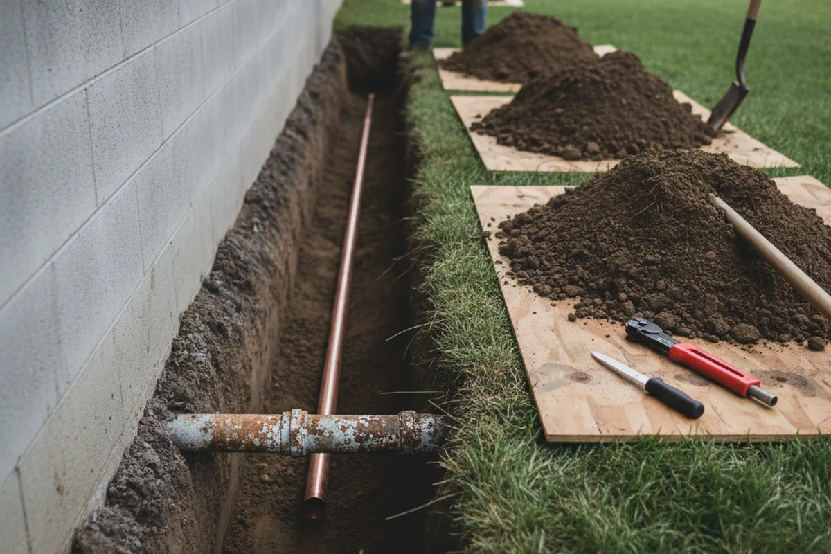 Excavated water line trench during Water Heater Repair in Hyannis